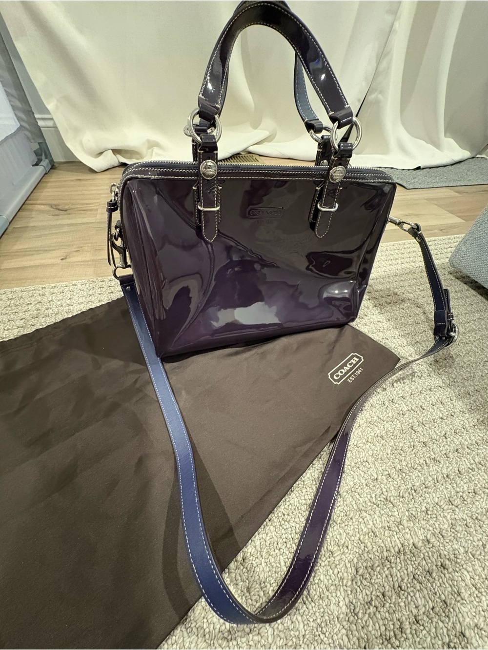 Coach Glossy Patent Satchel in Dark Purple with shoulder Strap